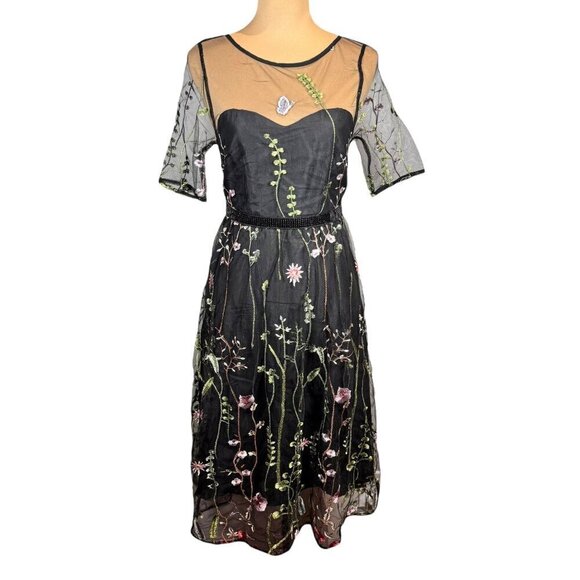 NWT JJ'S HOUSE Floral Midi  Dress Sz.S Black Mesh Embroidered Fit & Flare Event - Picture 1 of 10